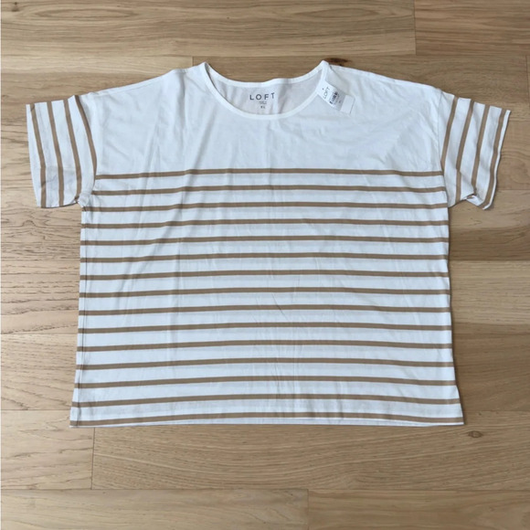 Loft New Casual Basic White Tan Striped Round Neckline Boxy Tee Size XL Relaxed - Picture 7 of 9